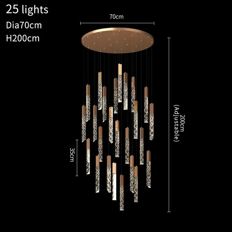 Luxury Hanging Long - Led Staircase Chandelier for Living Hall - 25 lights / Shiny Gold