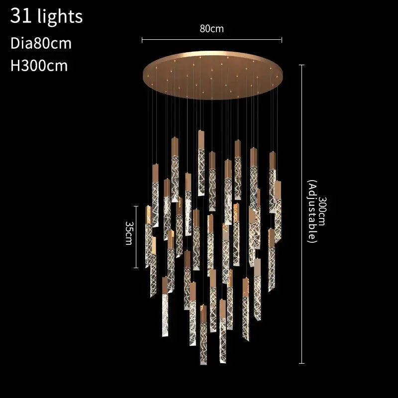 Luxury Hanging Long - Led Staircase Chandelier for Living Hall - 31 lights / Shiny Gold