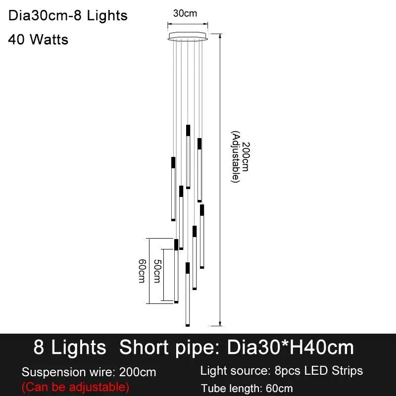 Luxury Long Led Strip Chandelier for Staircase Living Foyer - Dia30cm 8 lights / Gold NON