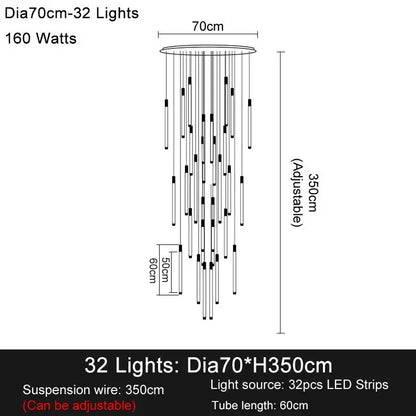 Luxury Long Led Strip Chandelier for Staircase Living Foyer - Dia70cm 32 lights / Gold