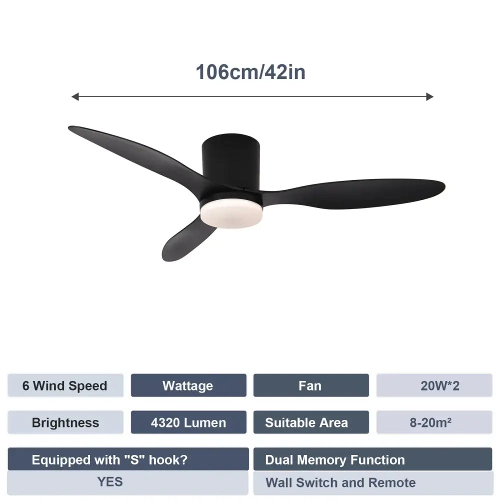 Modern Ceiling Fan with LED Light & Remote – 42 Inch Pure Black / 85 265V Lighting >