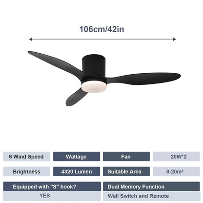 Modern Ceiling Fan with LED Light & Remote – 42 Inch Pure Black / 85 265V Lighting >