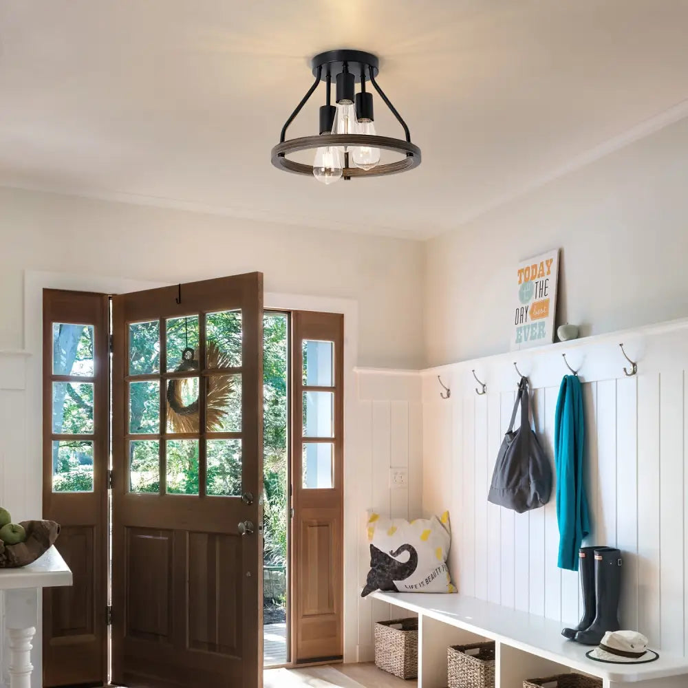 Modern Farmhouse Wood Semi Flush Mount Ceiling Light - 3 Head - Lighting > lights
