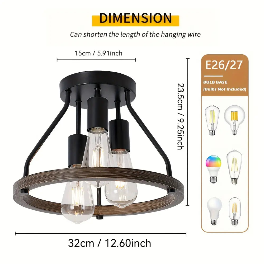 Modern Farmhouse Wood Semi Flush Mount Ceiling Light - 3 Head - Lighting > lights