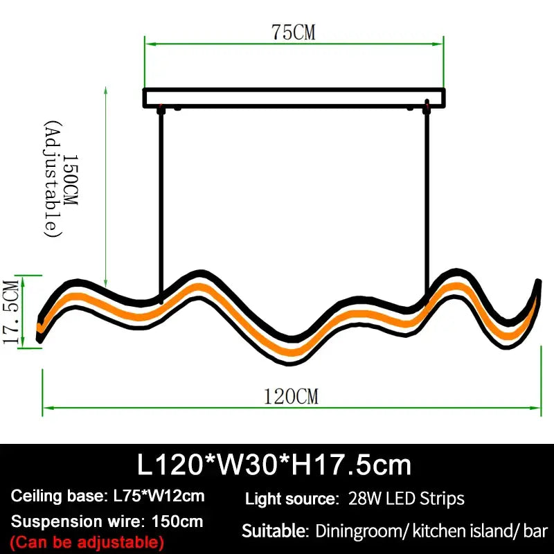 Modern Hanging Wave LED Chandelier for Dining Kitchen Bar - L120xW30xH17cm / NON dimm