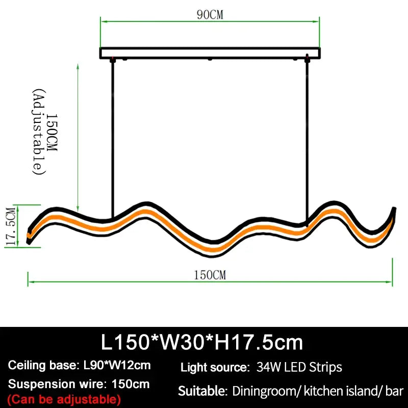 Modern Hanging Wave LED Chandelier for Dining Kitchen Bar - L150xW30xH17cm / NON dimm