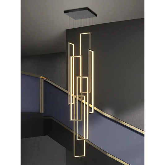 Modern Rectangle LED Chandelier for Staircase Lobby Living - Black, 6 Lights / Cool Light