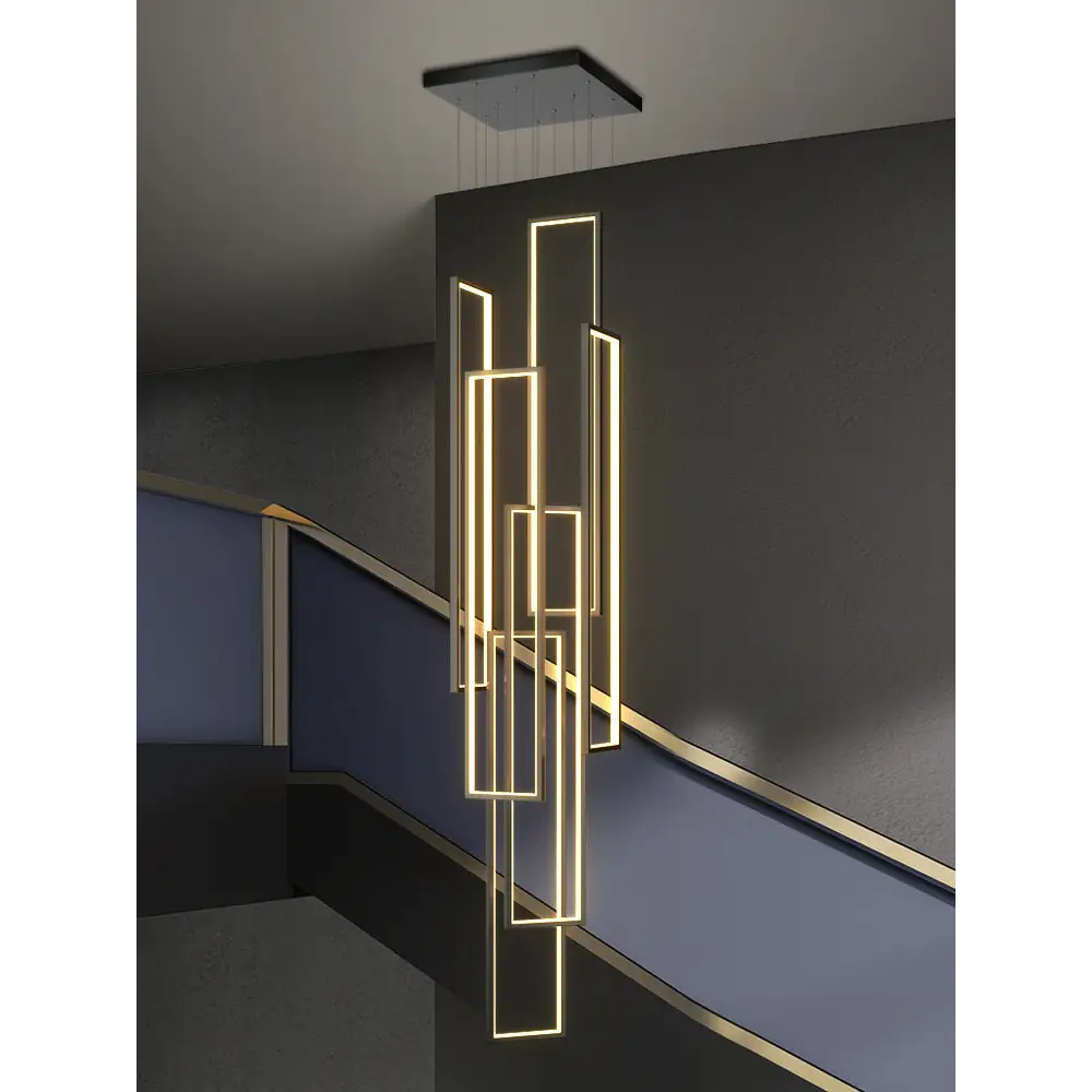 Modern Rectangle LED Chandelier for Staircase Lobby Living - Black, 6 Lights / Cool Light