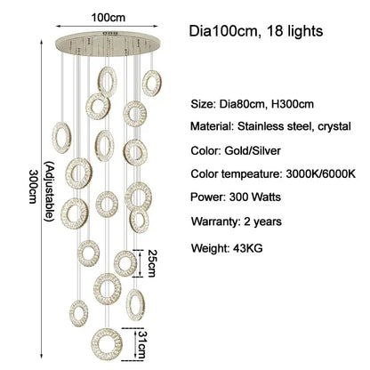 Modern Ring LED Crystal Chandelier for Staircase Lobby - 18 Lights / Silver Dimmable