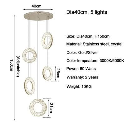Modern Ring LED Crystal Chandelier for Staircase Lobby - 5 Lights / Silver Dimmable 3000K