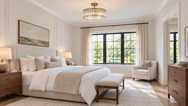 Compact crystal drum chandelier in a bright neutral bedroom