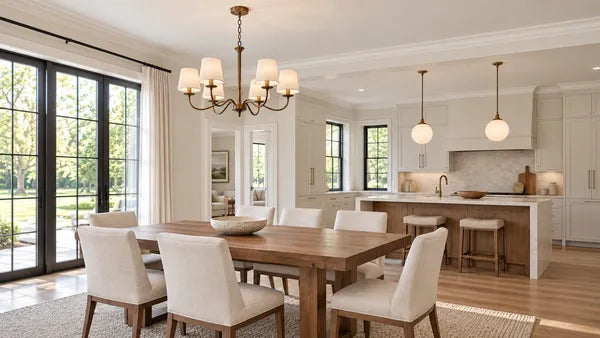 Bright neutral dining and kitchen interior with shaded chandelier and two pendants