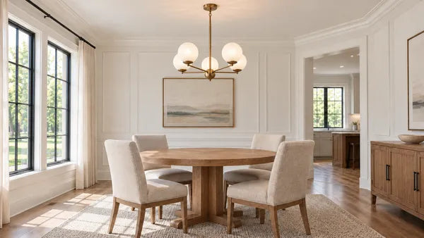 Opal glass globe chandelier above a round oak dining table