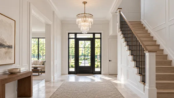 Compact crystal chandelier in a bright white paneled entryway