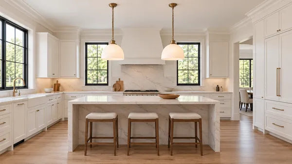Two opal dome pendants over a pale stone kitchen island with white cabinetry