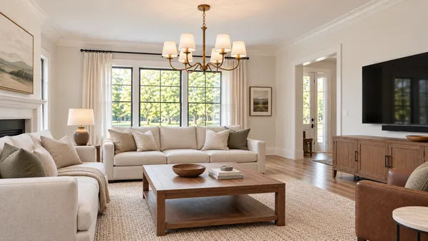 Bronze shaded chandelier over a neutral living room seating area
