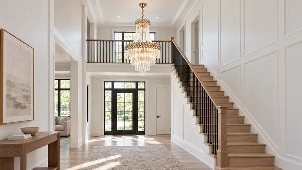 Crystal chandelier in an open stairwell beside oak steps and black balusters